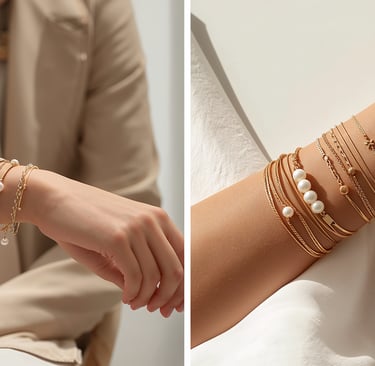 Elegant gold layered bracelets with pearls on a woman's wrist for a stylish jewelry look.