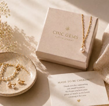 Elegant gold pearl necklace and matching earrings set in a custom Chic Gems jewelry gift box.