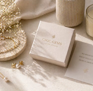 Elegant custom jewelry gift box with pearl necklace, earrings, and bracelet on a neutral aesthetic display.