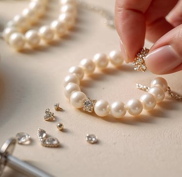 Handcrafted white pearl bracelet with gold hardware and sparkling diamond accents for luxury jewelry design.