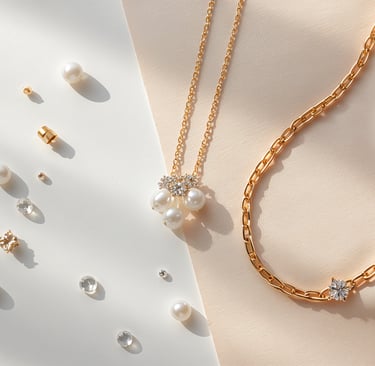 Elegant gold chain necklaces with pearls and diamonds displayed on silk fabric and white surface.