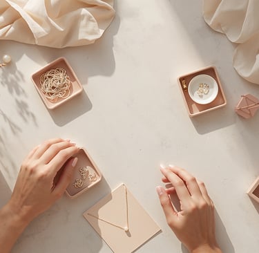Flat lay of gold and pearl jewelry in pink organizers with a woman's hands on a beige background.