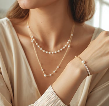 Elegant woman wearing a layered gold pearl necklace and a matching diamond pearl bracelet.