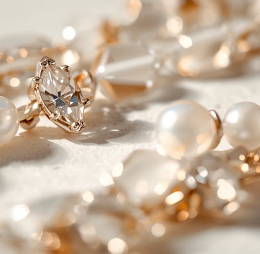 Elegant gold bridal jewelry featuring a marquise cut diamond ring and white pearl necklace.