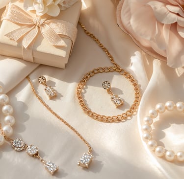 Elegant gold jewelry set with pearl necklaces and diamond earrings on silk fabric.