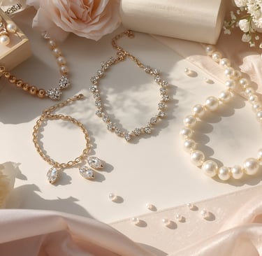 Elegant bridal jewelry collection featuring pearl necklaces and diamond bracelets with roses and silk.