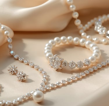 Elegant bridal jewelry set with diamond earrings, pearl necklace, and bracelet on cream silk fabric.