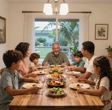 A family gathered around a table sharing a moment of faith and connection