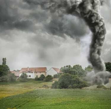 Black tornado funnel and lightning over field during thunderstorm