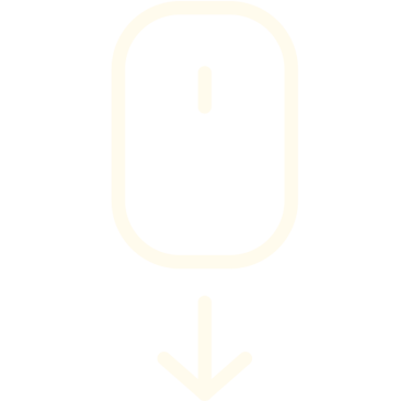 Minimalist white computer mouse icon with a scroll down arrow on a black background.