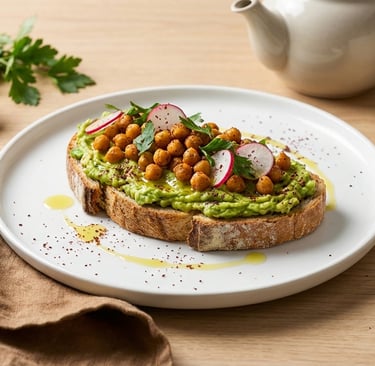 Toast de Avocat -Pois-Chiches sur table avec arriere plan de citron et persil