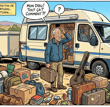 image bane dessinée devant son van tout bagage dehors a re-ranger son van et remorque