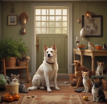 Groupe de chiens et chats paisibles dans un salon ensoleillé avec plantes vertes et décoration rusti