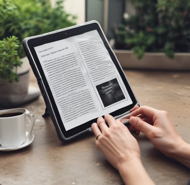 Lecture du eBook REGENERATION sur une tablette en terrasse avec un café.