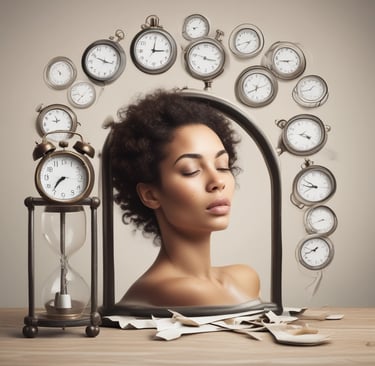 Portrait surréaliste d'une femme entourée d'horloges, symbolisant la gestion du temps et la sérénité