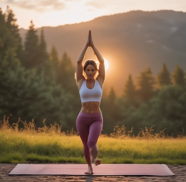 Séance de yoga en pleine nature dans une prairie de montagne au lever du soleil.