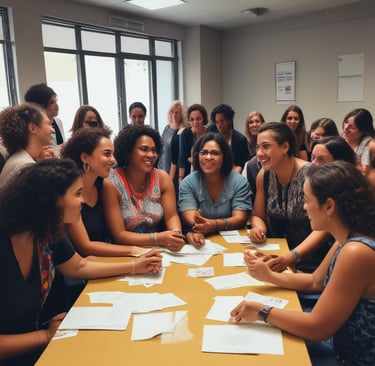 A vibrant group of empowered women engaging in a leadership workshop at the Elas em Ação event.