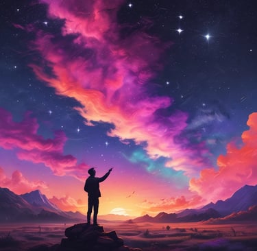 A person thoughtfully studying a large wall map filled with astrological symbols and annotations.