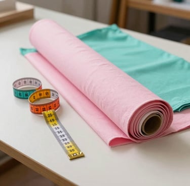 Un rollo de tela rosa claro y un pliego doblado de tela turquesa junto a una cinta métrica para coser sobre una mesa blanca