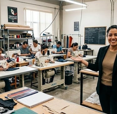 Taller de costura con maquinas de coser y trabajadores de costura trabajando, taller limpio ordenado y en accion