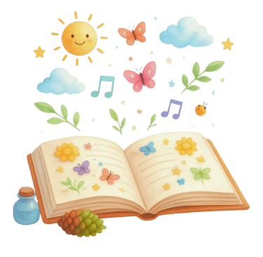 Storybook with cute objects coming out of it.