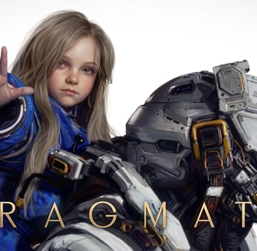 Official Pragmata game art featuring a young girl in a blue suit next to a robotic companion.