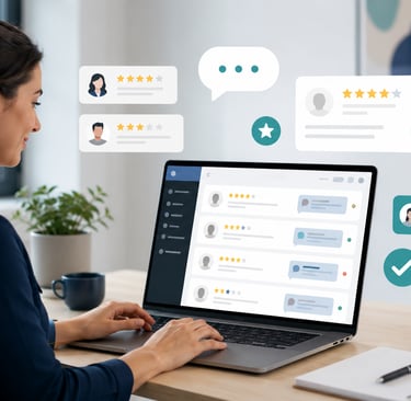 A businesswoman managing online customer reviews and five-star ratings on a laptop and smartphone.