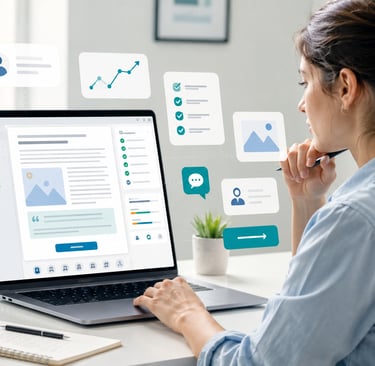 A content creator uses an intuitive CMS dashboard on a laptop with floating digital icons for website management.