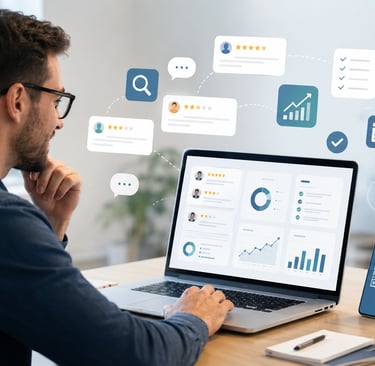 Professional using laptop software to manage online customer reviews and data analytics.