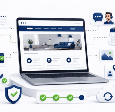 A laptop displaying a professional website surrounded by 3D icons for cloud backup, customer support, and security.