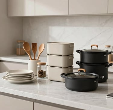 A sleek matte black kitchen utensil set arranged neatly on a white marble countertop under soft natural light.