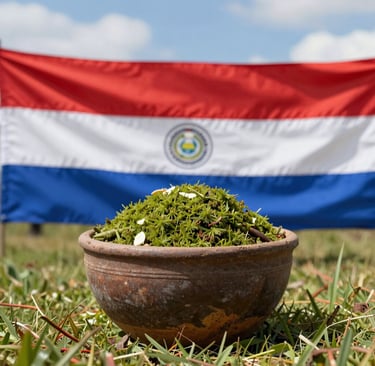 A rustic clay bowl filled with green yerba mate herbs in front of a Paraguayan flag.