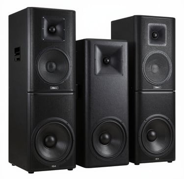 Professional black floor-standing stage speakers and studio monitors for high-fidelity audio systems.