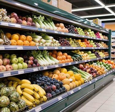 A busy retail chain aisle stocked with a variety of agricultural goods under bright lighting.