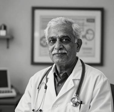A dignified black and white framed portrait of an elderly South Asian doctor with a kind expression, placed in a clean, professional medical office.