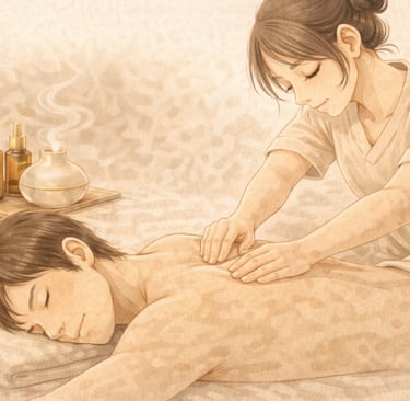 Masaje relajante en spa oriental con terapeuta y aceites en tonos arena.