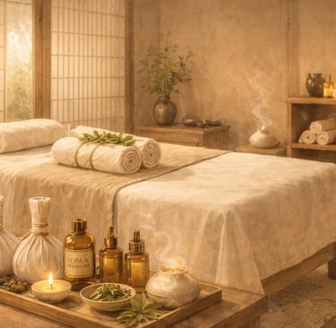 Interior de spa oriental con camilla, toallas y aceites en un ambiente de calma y armonía.