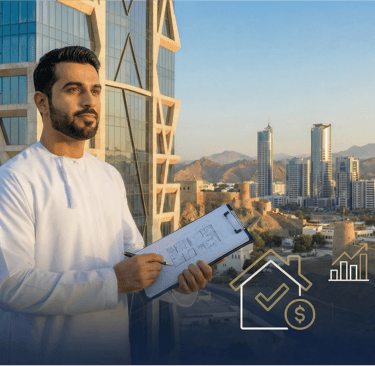 Arab real estate developer holding a clipboard overlooking a modern city skyline and mountain landscape.