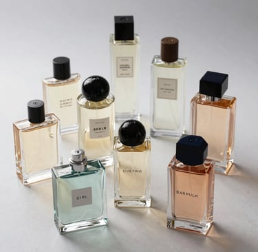 Collection of unisex perfumes displayed on a marble surface with natural light