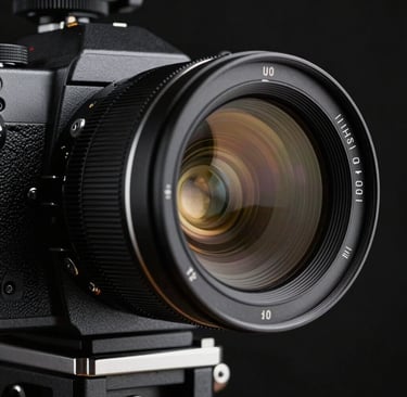 A cinematic close-up of a high-end cinema camera lens reflecting subtle antique gold highlights. The camera body is a textured charcoal grey, set against an obsidian black studio backdrop in a professional North American / US production house. The lighting is moody and sharp, highlighting the intricate engineering of the glass.