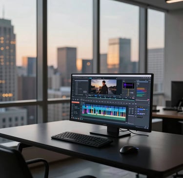 A sleek, minimalist editing suite in a luxury North American / US high-rise. An obsidian black desk holds a professional workstation. In the background, floor-to-ceiling windows reveal a blurred urban skyline at twilight with soft antique gold city lights, creating an atmosphere of exclusive technical mastery.