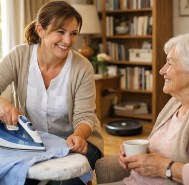 Aide à domicile repassant une chemise et échangeant avec une personne âgée, robot aspirateur en fond