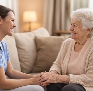 Aidante échangeant avec une personne âgée à domicile à Nantes dans un salon chaleureux