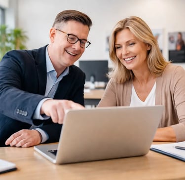 Homme et femme échangeant dans un bureau autour d’un ordinateur, illustrant le professionnalisme en aide à domicile