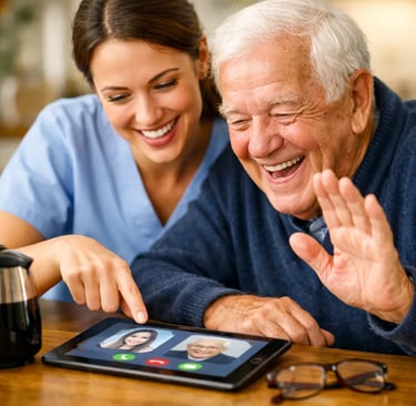 Aide à domicile aidant une personne âgée à utiliser une tablette tactile