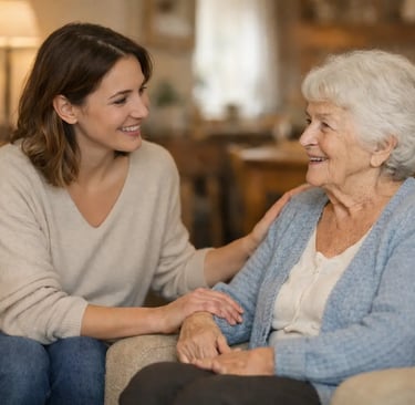 Aidante échangeant avec une personne âgée dans un cadre chaleureux au domicile