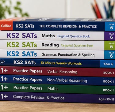A stack of books to support KS2 SATs and 11+ Exam