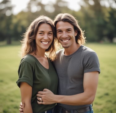 A happy diverse couple laughing together outdoors on a sunny day.