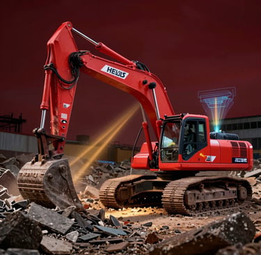A commanding, high-impact photography of a demolition site in the United Kingdom, featuring a modern hydraulic excavator with high-tech 3D scanning digital overlays projected onto its metallic structure. Dramatic rich crimson lighting from the side casts deep charcoal shadows across crushed slate and concrete rubble. Sleek golden light beams highlight the dynamic motion, capturing a sense of powerful, heavy industry meets futuristic engineering. Photorealistic, shallow depth of field, premium corporate look.