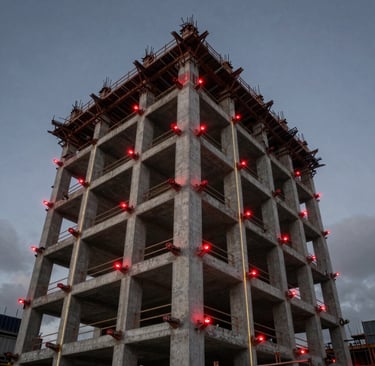A dramatic, high-impact architectural photograph of a major demolition and development site in London, United Kingdom. Towering structural concrete beams and exposed steel frameworks rise against a dark slate grey twilight sky. Powerful cinematic spotlighting casts deep charcoal shadows, with glowing crimson red safety lights illuminating the edges of the machinery. Sleek gold accent lines from technical laser measuring guides cut through the atmosphere, giving the heavy industrial scene a cutting-edge, modern 3D design feel. The composition is highly dynamic, capturing the raw power and structured precision of modern construction.